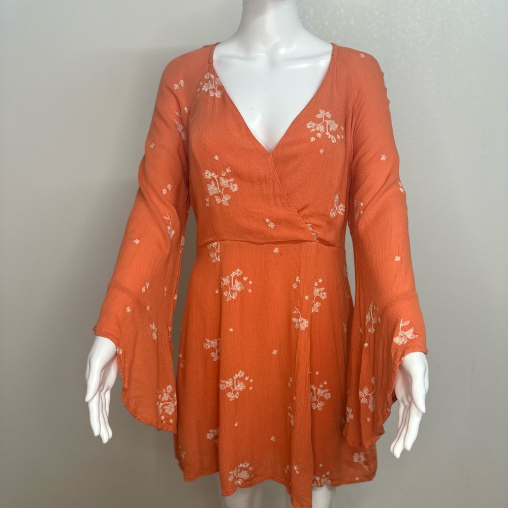 Free People Embroidered Jasmine Long Sleeve V-Neck Mini Dress Papaya Size 8